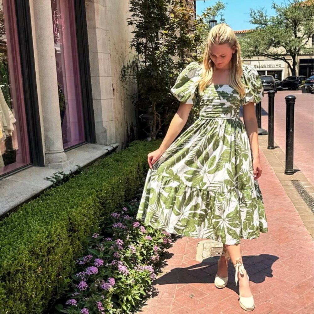 Abercrombie & Fitch White and Green Floral Midi Dress